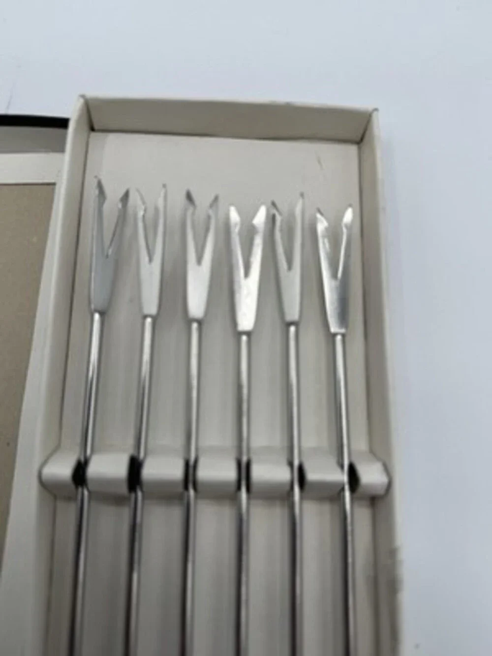 Set of 6 vintage 1960’s Fondue Forks with Color  Knobs Wood Stainless Steel